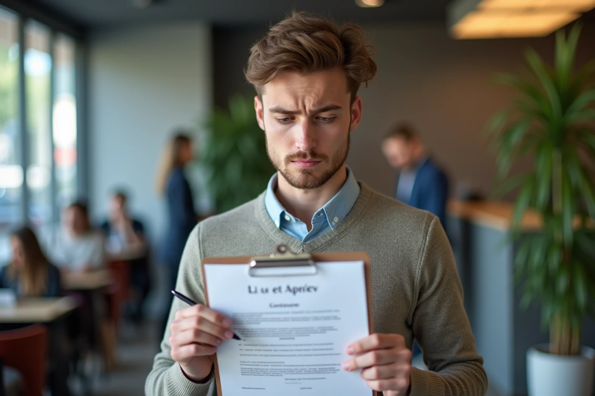 Jeune homme lisant un contrat dans une salle d