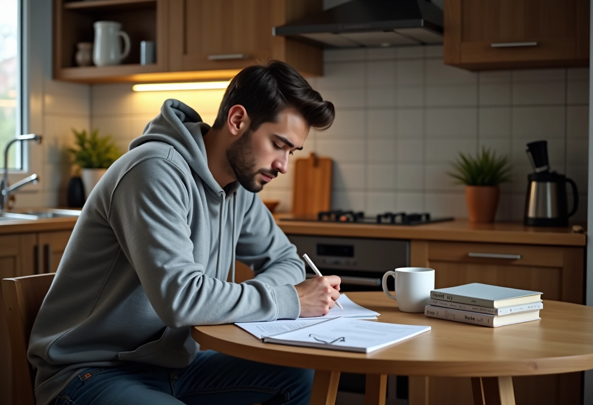 Jeune homme étudie à la maison après un shift avec un mug à côté