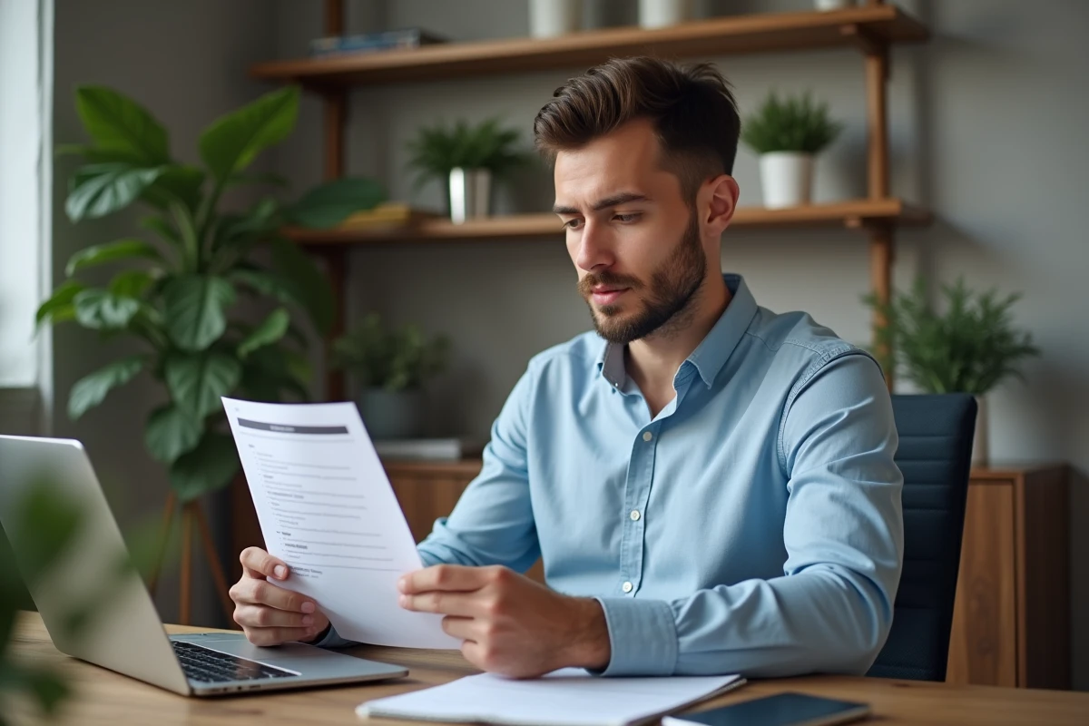 Jeune homme lisant un contrat dans un espace de travail à domicile