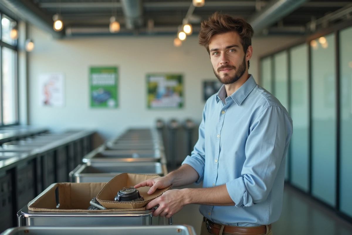 Jeune homme triant des contenants recyclables en intérieur
