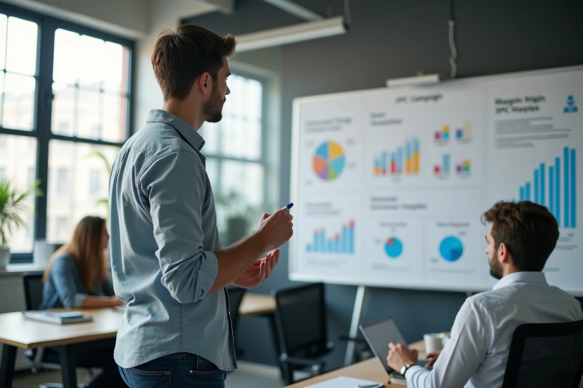 Jeune homme expliquant sa stratégie devant un tableau blanc
