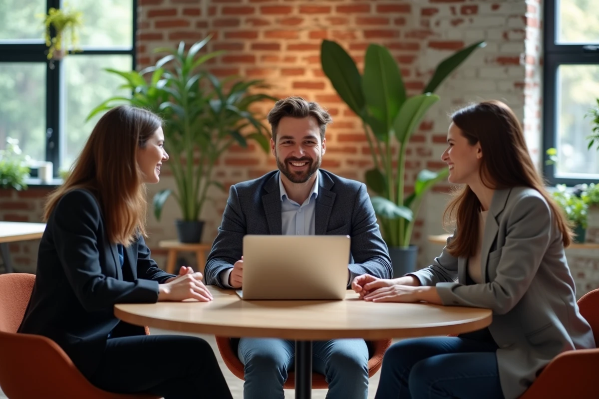 Groupe de jeunes professionnels en discussion dans un coworking