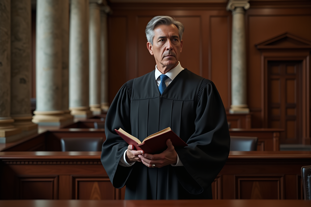 Juge en robe noire dans une salle de justice ancienne