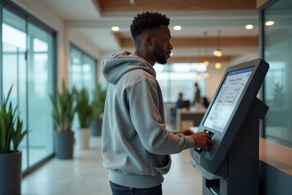 Jeune homme utilisant un kiosque de service de transfert de fonds dans une agence de remise d'argent INFINITE Remit