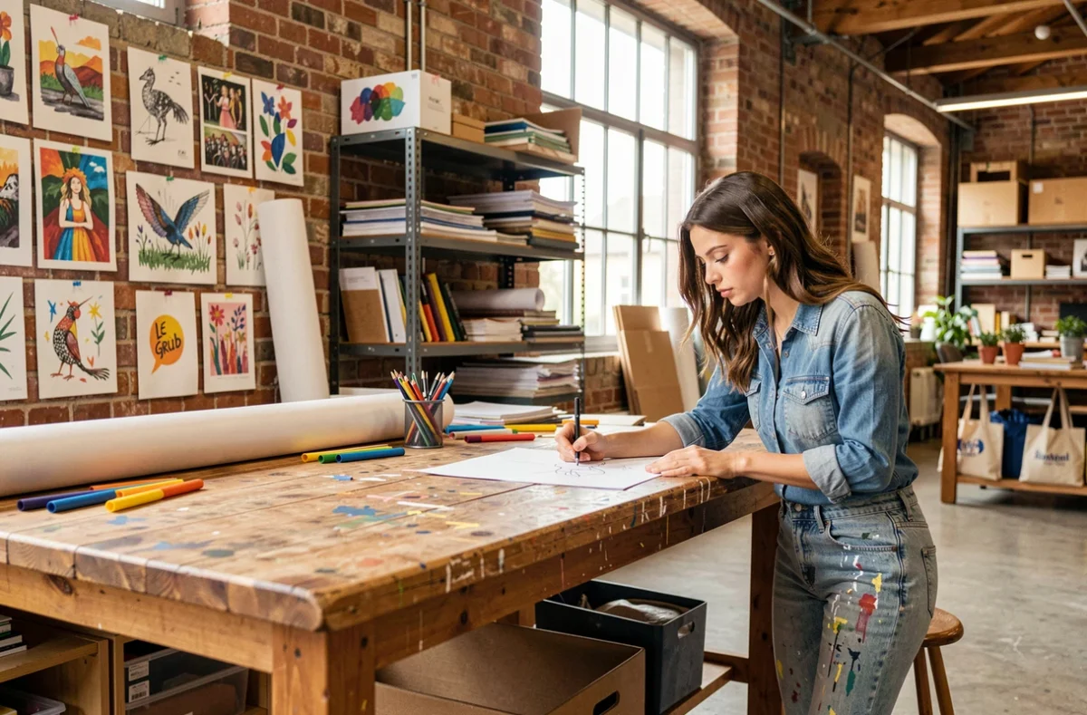 Studio créatif Le Grub à Strasbourg avec une jeune créatrice travaillant dans un espace de coworking au style industriel et artistique