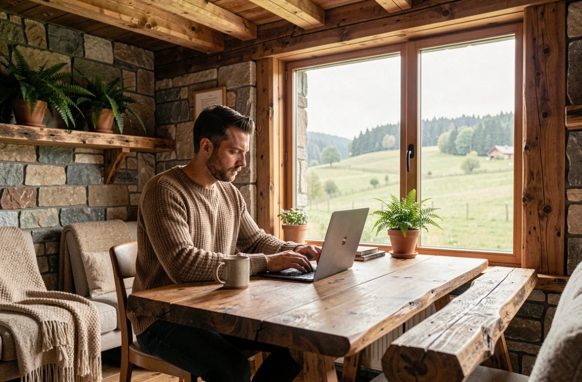 Le Lodge coworking à Kibitzenau, espace de travail au cadre chaleureux inspiré du chalet avec vue sur un paysage verdoyant