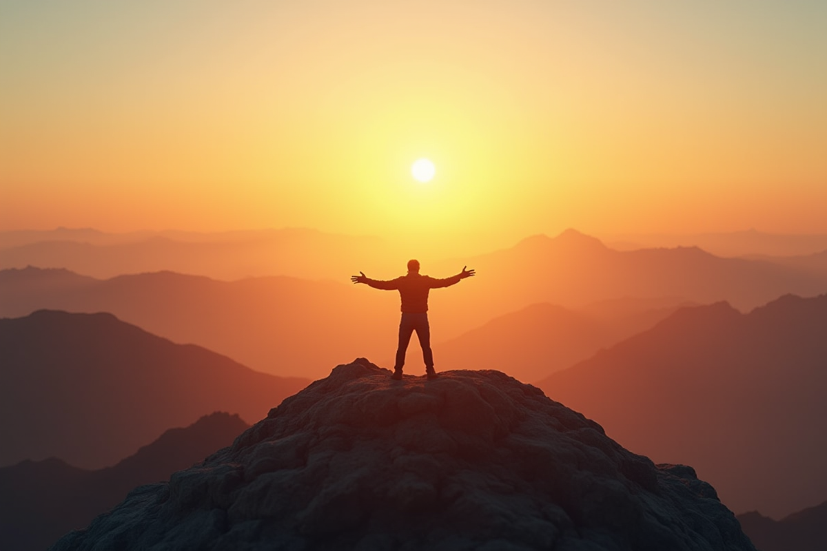 Leader inspirant au sommet d une montagne au lever du soleil