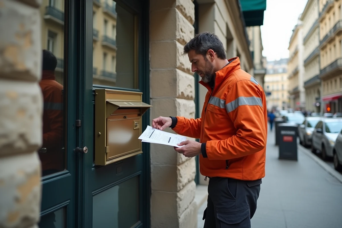 Livreur déposant un avis de passage dans la boîte aux lettres d'un immeuble résidentiel urbain