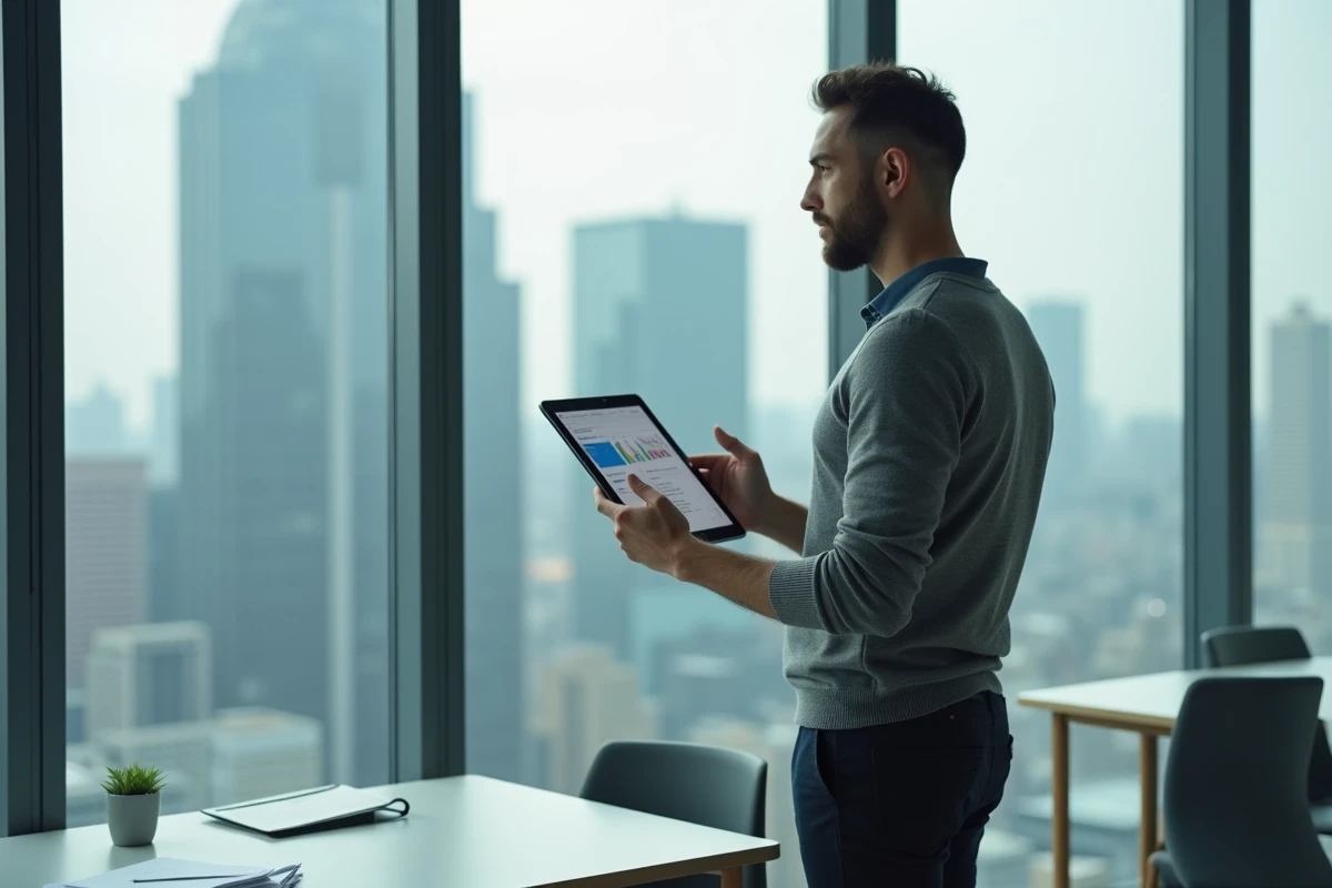 Manager debout près d'une baie vitrée en entreprise consultant un tableau de bord numérique sur tablette