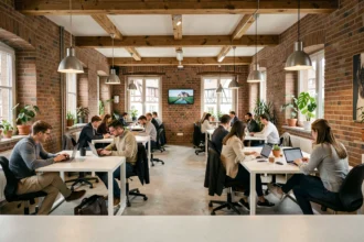 Vue panoramique d'un espace de coworking moderne en Alsace avec des professionnels travaillant dans un cadre design mêlant brique apparente et mobilier contemporain
