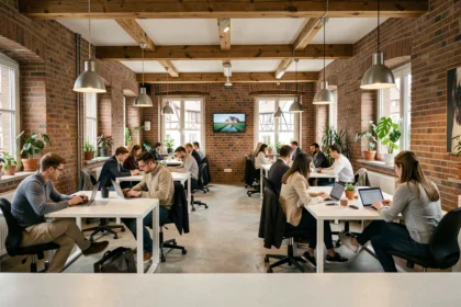 Vue panoramique d'un espace de coworking moderne en Alsace avec des professionnels travaillant dans un cadre design mêlant brique apparente et mobilier contemporain