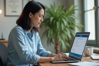 Employée Air France réinitialisant son mot de passe oublié sur le portail Intraligne depuis un ordinateur portable à son bureau