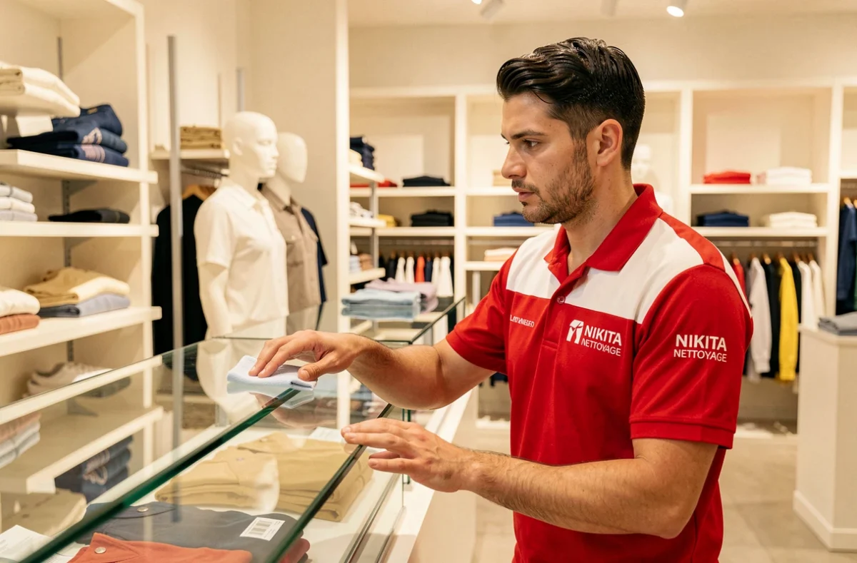 Agent Nikita Nettoyage essuyant méticuleusement les vitrines et étagères d'une boutique de vêtements hors heures d'ouverture