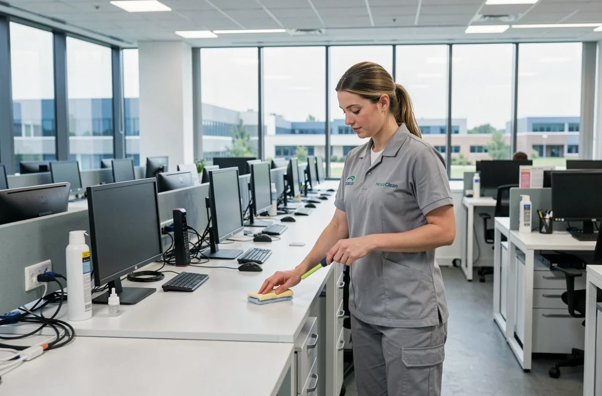 Technicienne Nova Clean dépoussiérant et organisant un open space de bureaux modernes avec vue sur un parc d'activités