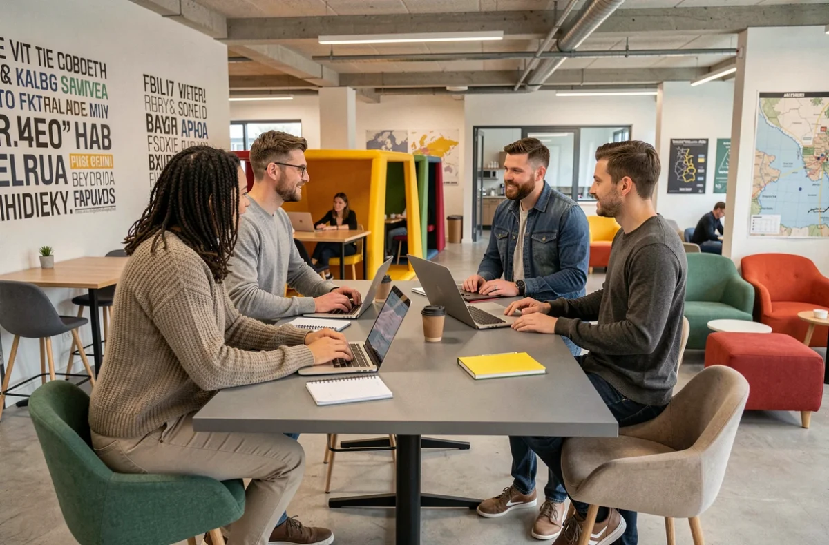 Office Station à Schiltigheim, espace de coworking animé avec un groupe de professionnels collaborant autour d'une table de travail modulable