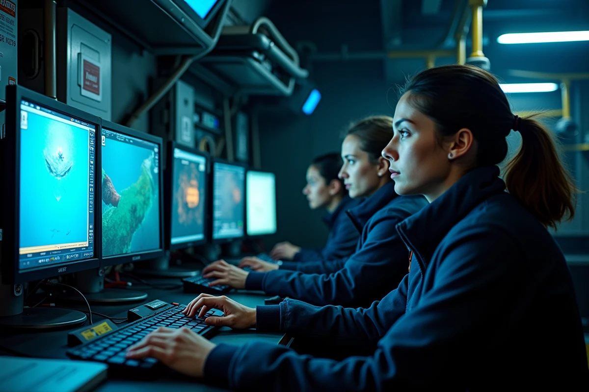 Équipe d'opérateurs de ROV dans une salle de contrôle offshore surveillant des opérations en eaux profondes