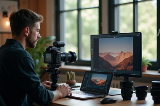 Photographe professionnel dans un studio moderne examinant des images