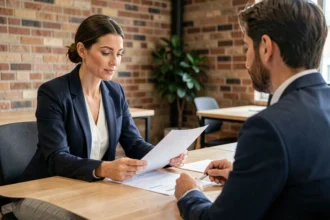 Femme consultante en portage salarial discutant d'un contrat avec un conseiller dans un espace de coworking au Mans