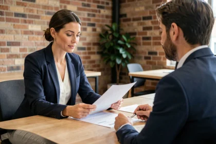 Femme consultante en portage salarial discutant d'un contrat avec un conseiller dans un espace de coworking au Mans