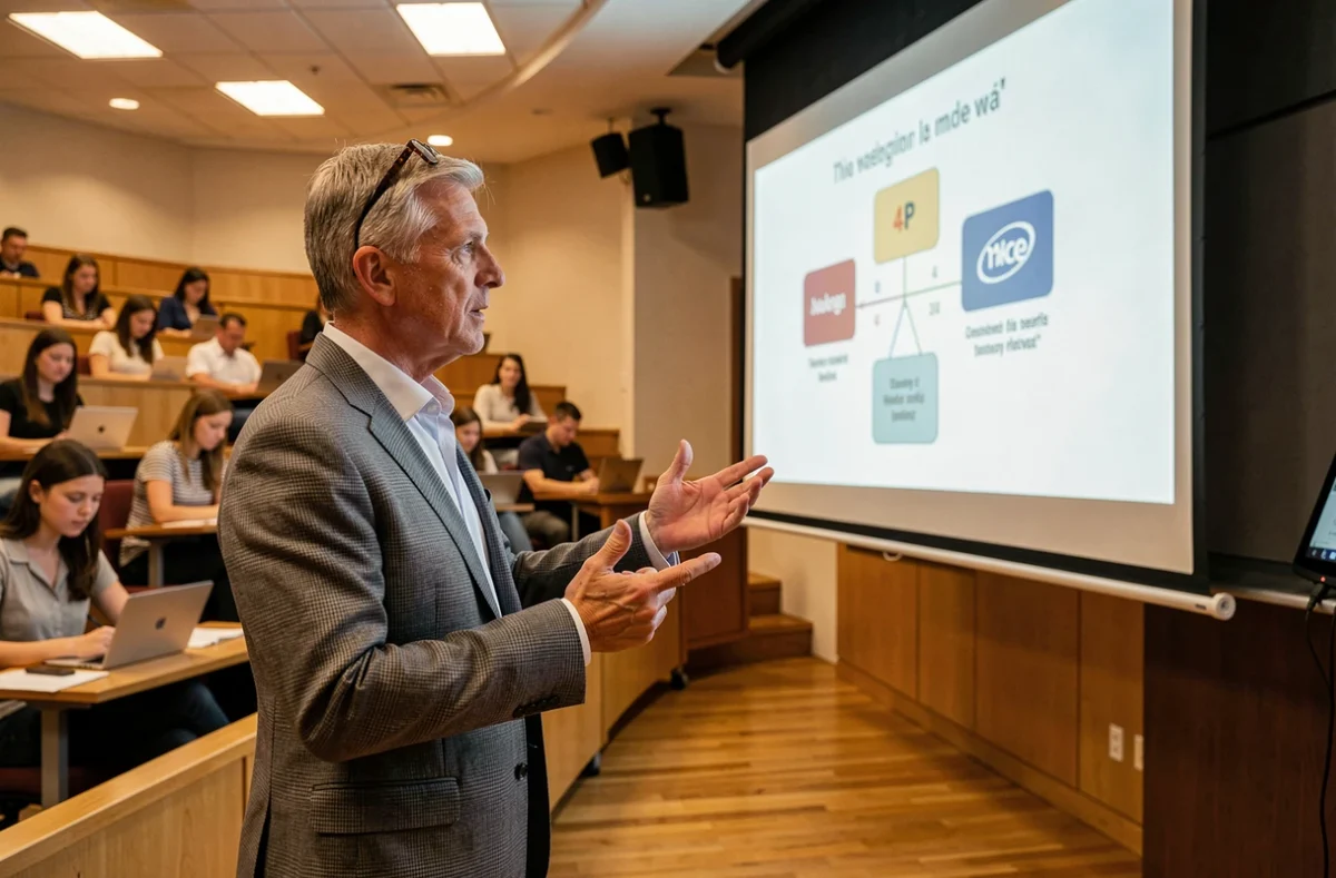 Professeur de marketing en cours magistral expliquant le modèle des 4 P avec une étude de cas d'une marque connue projetée à l'écran
