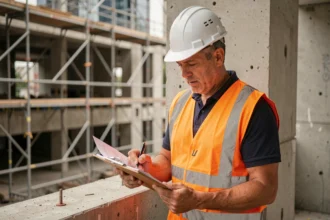 Professionnel du BTP en gilet de sécurité examinant des documents de contrat sur un chantier de construction