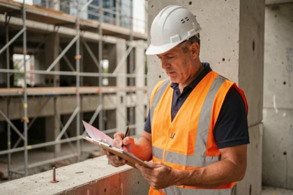 Professionnel du BTP en gilet de sécurité examinant des documents de contrat sur un chantier de construction