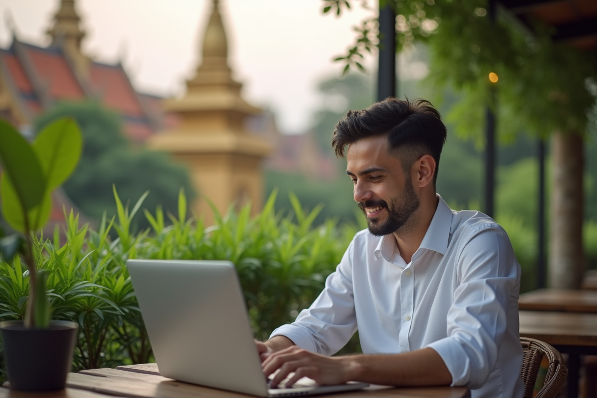 Professionnel confiant travaillant en extérieur à Chiang Mai