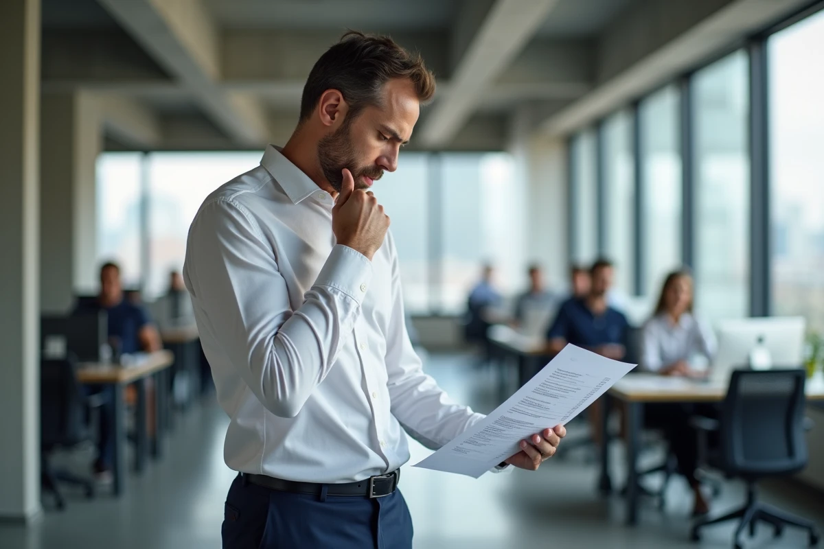 Professionnel en conformité analysant une liste de vérification dans un couloir de bureaux modernes en open space