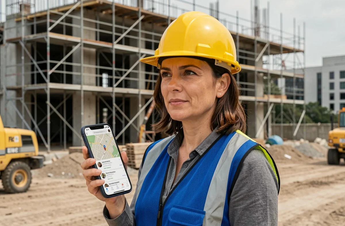 Femme sur un chantier consultant les avis clients d'un prestataire sur smartphone