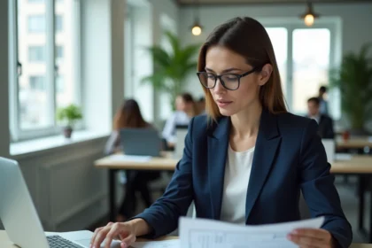 Professionnelle en blazer marine consultant des documents réglementaires CNPAS 2026 dans un bureau moderne