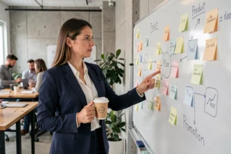 Professionnelle en marketing expliquant les 4 P du marketing mix sur un tableau blanc dans un bureau moderne