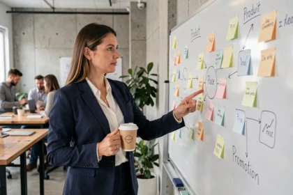 Professionnelle en marketing expliquant les 4 P du marketing mix sur un tableau blanc dans un bureau moderne