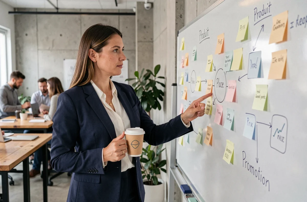 Professionnelle en marketing expliquant les 4 P du marketing mix sur un tableau blanc dans un bureau moderne