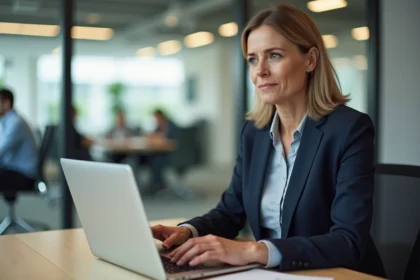 Professionnelle en entreprise utilisant une interface de chat IA sur ordinateur portable dans un open space moderne