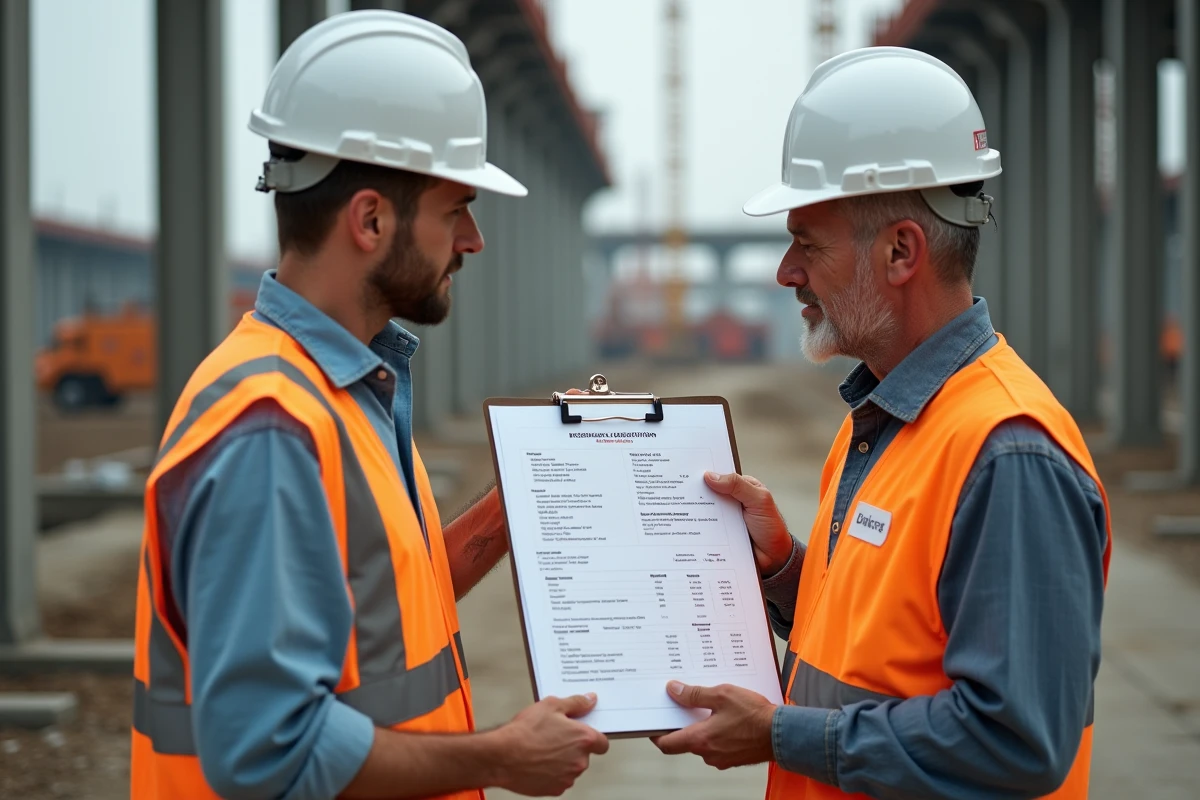 Deux professionnels du BTP consultant un document de suivi budgétaire sur un chantier de construction