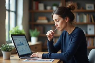 Femme analyste de contenu web consultant un tableau de bord d'affiliation sur son ordinateur portable dans un bureau à domicile