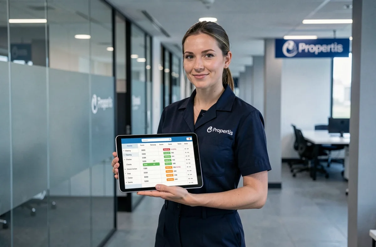 Coordinatrice Propertis consultant un planning multisites sur tablette dans le couloir d'un complexe de bureaux tertiaires
