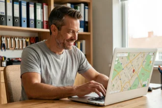 Homme recherchant un chantier sur Google Maps depuis son bureau à domicile