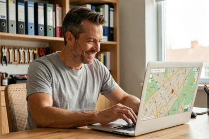 Homme recherchant un chantier sur Google Maps depuis son bureau à domicile