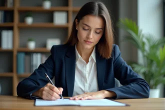 Jeune femme rédigeant une lettre de démission à son bureau dans un cadre professionnel