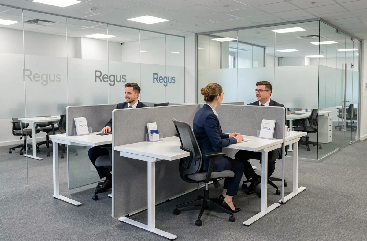 Centre Regus coworking à Strasbourg, espace de travail professionnel en réseau avec des professionnels en tenue formelle dans un cadre corporate épuré