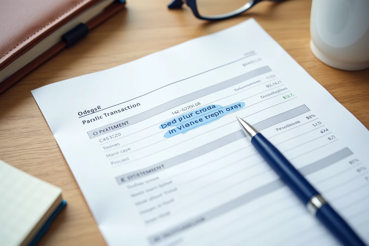 Relevé bancaire imprimé avec transaction encerclée pour identifier un paiement imprimerie Natio Flers en Escre