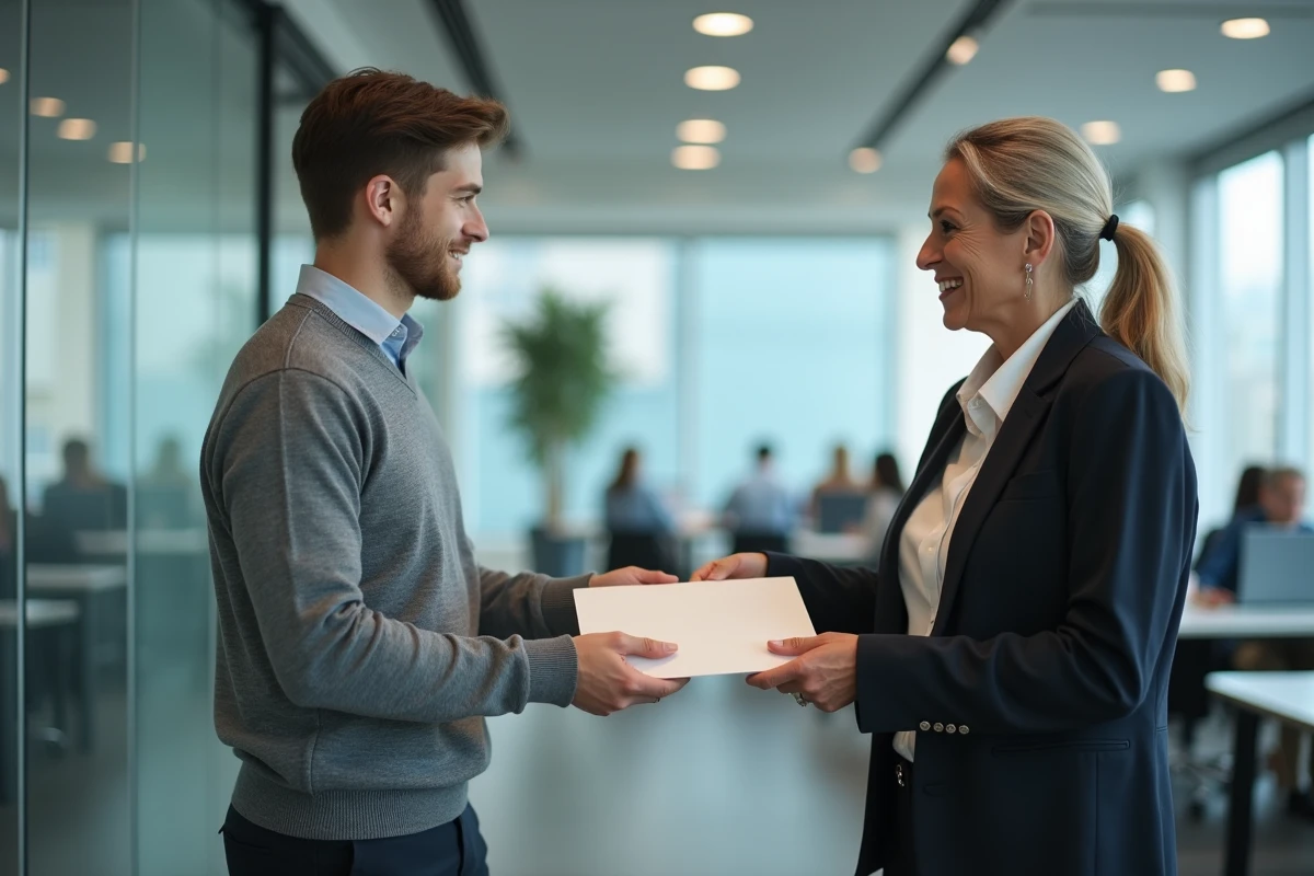 Apprenti remettant une lettre de démission en main propre à son responsable au bureau