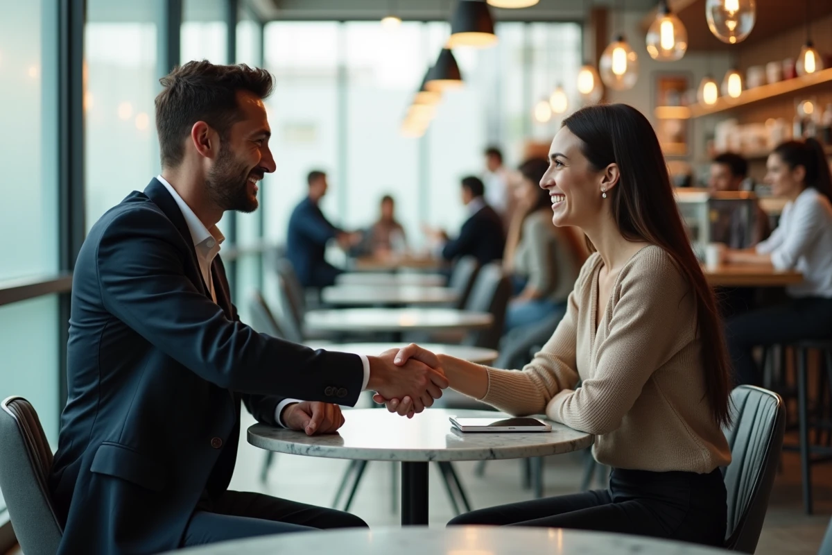 Deux professionnels indépendants se serrant la main lors d'une rencontre B2B dans un café contemporain