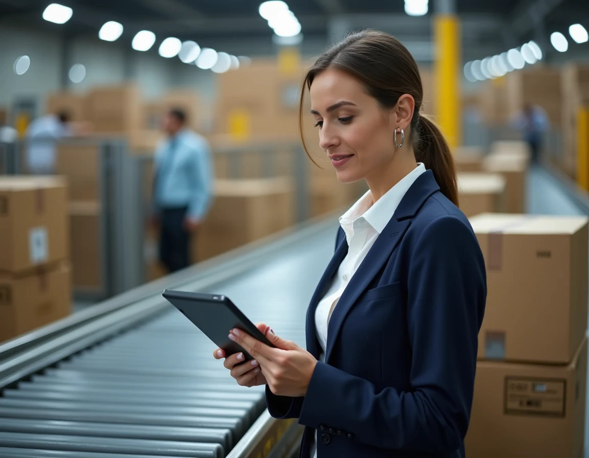 Responsable logistique féminine consultant une tablette devant un système de convoyeur dans un centre de distribution