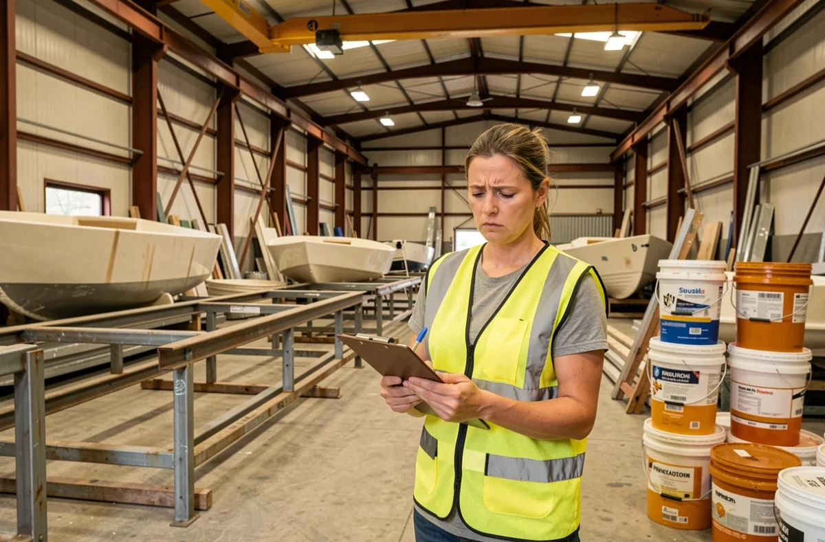 Responsable logistique en entrepôt de construction navale inspectant les stocks de matières premières et les pénuries de composants