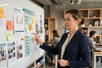 Responsable marketing en agence analysant un plan média global sur un tableau blanc avec des coupures de magazine et des graphiques budgétaires