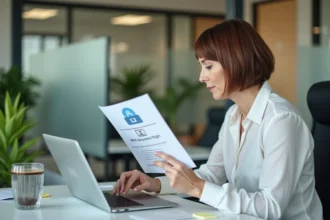 Responsable RH consultant un coffre-fort numérique sécurisé sur ordinateur portable dans un bureau moderne