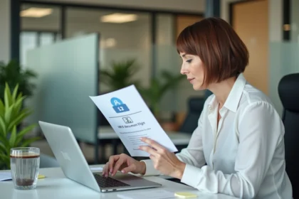 Responsable RH consultant un coffre-fort numérique sécurisé sur ordinateur portable dans un bureau moderne