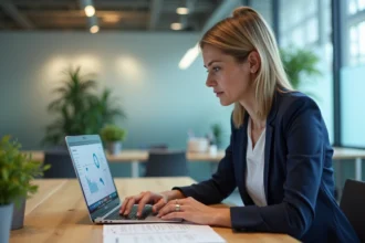 Responsable RH d'une PME consultant un portail salarié en ligne sur son ordinateur portable dans un bureau moderne